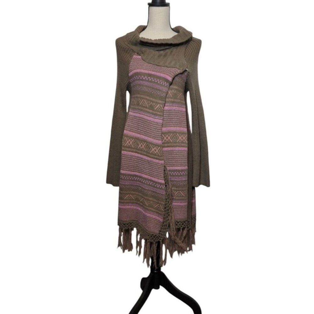 Fate Womens Long Cardigan Sz S Knit Fringe Southwestern Mixed Media Cowl Neck